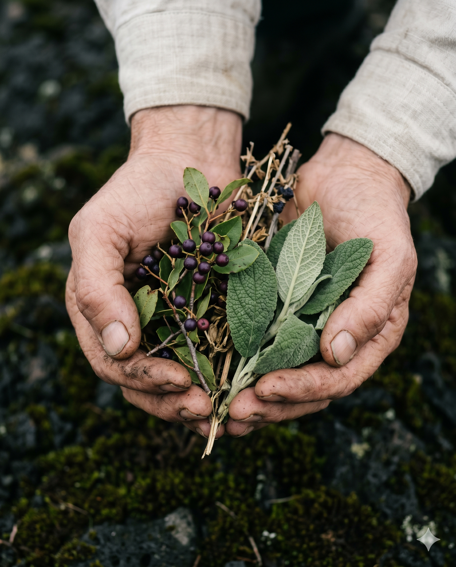 Manos sosteniendo hierbas medicinales nativas de la Patagonia — Herbolaria Amancay