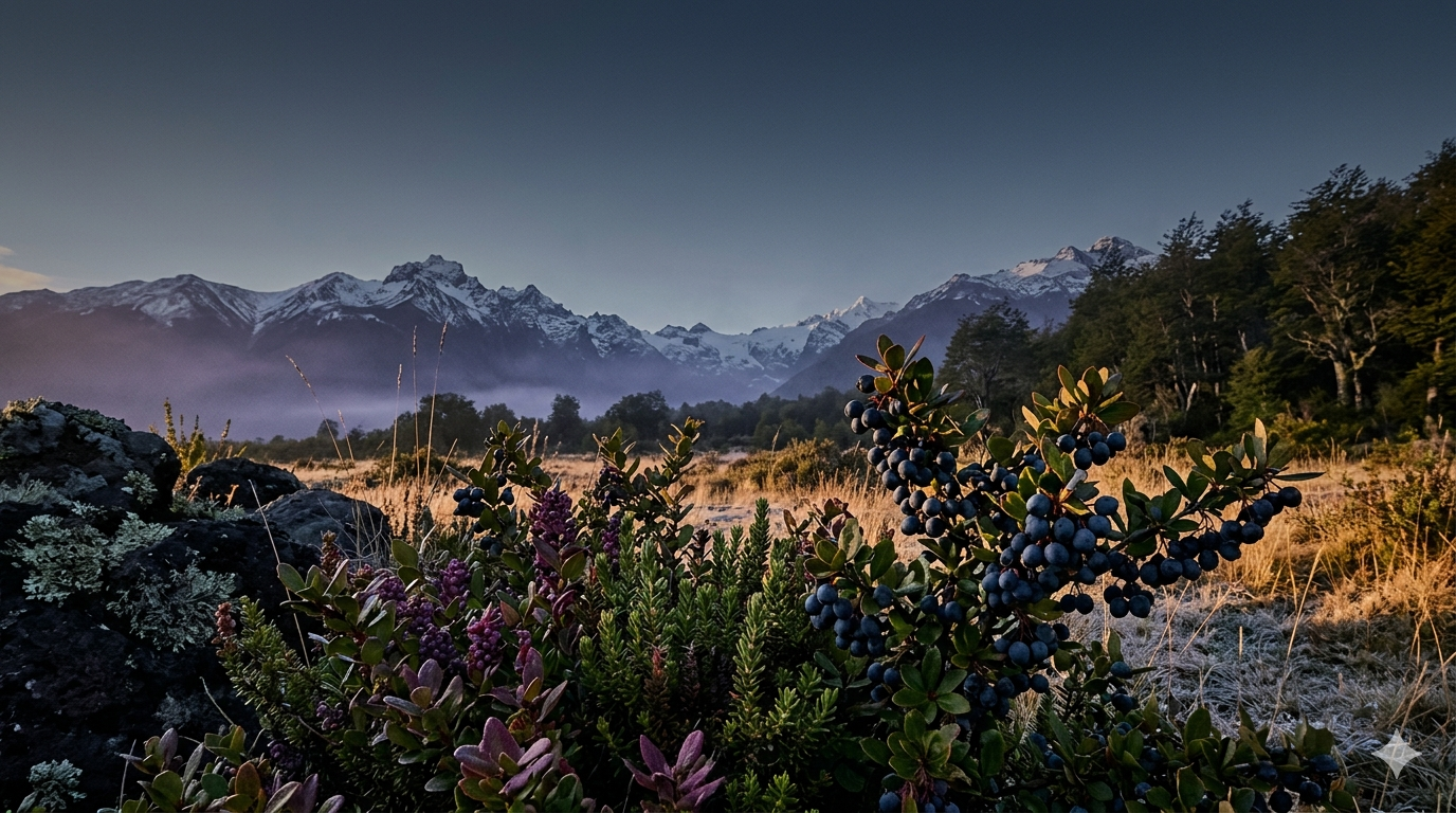 Paisaje patagónico al atardecer con hierbas medicinales nativas en primer plano — Herbolaria Amancay